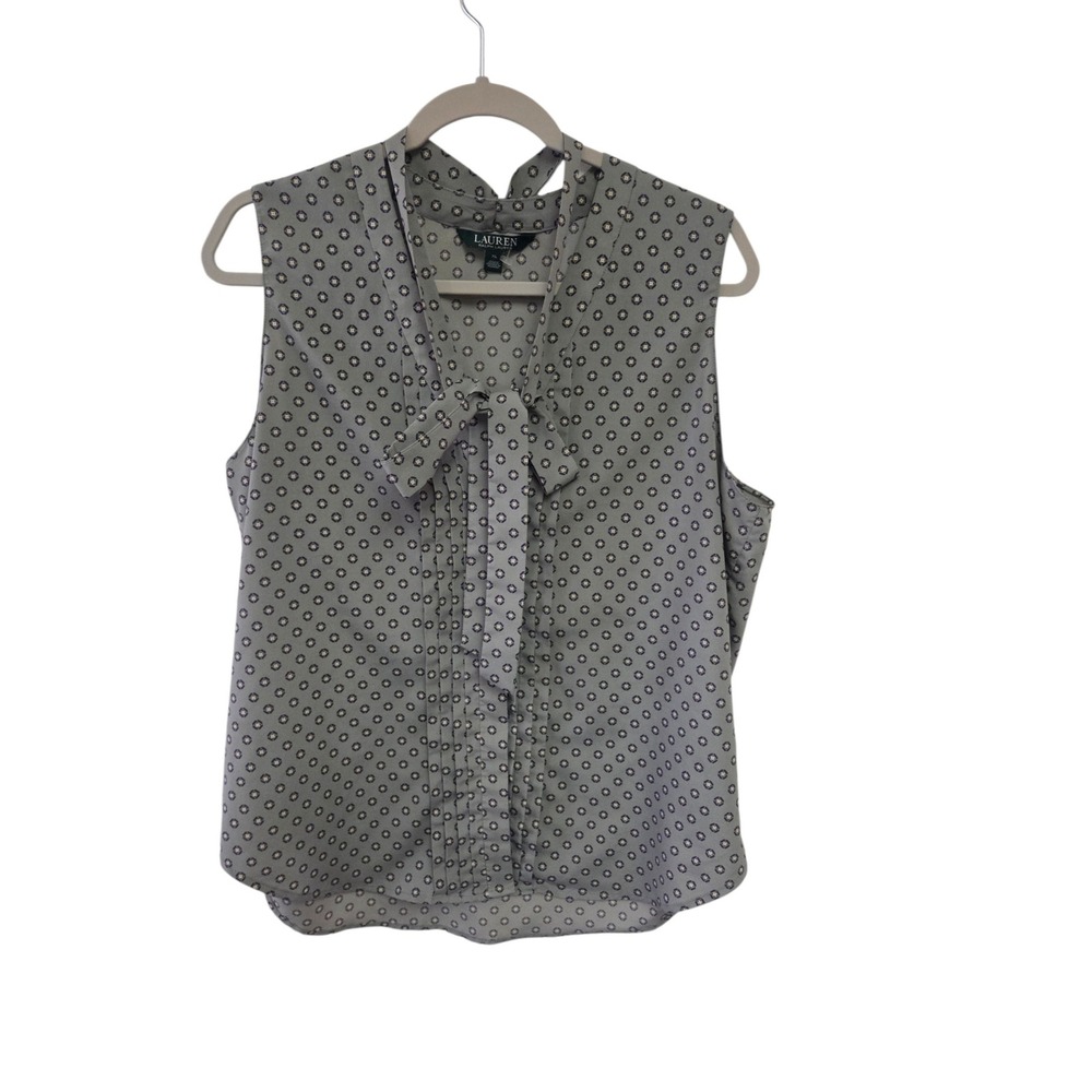 Lauren Ralph Lauren Gray Medallion Print Tie Neck Sleeveless Blouse XL